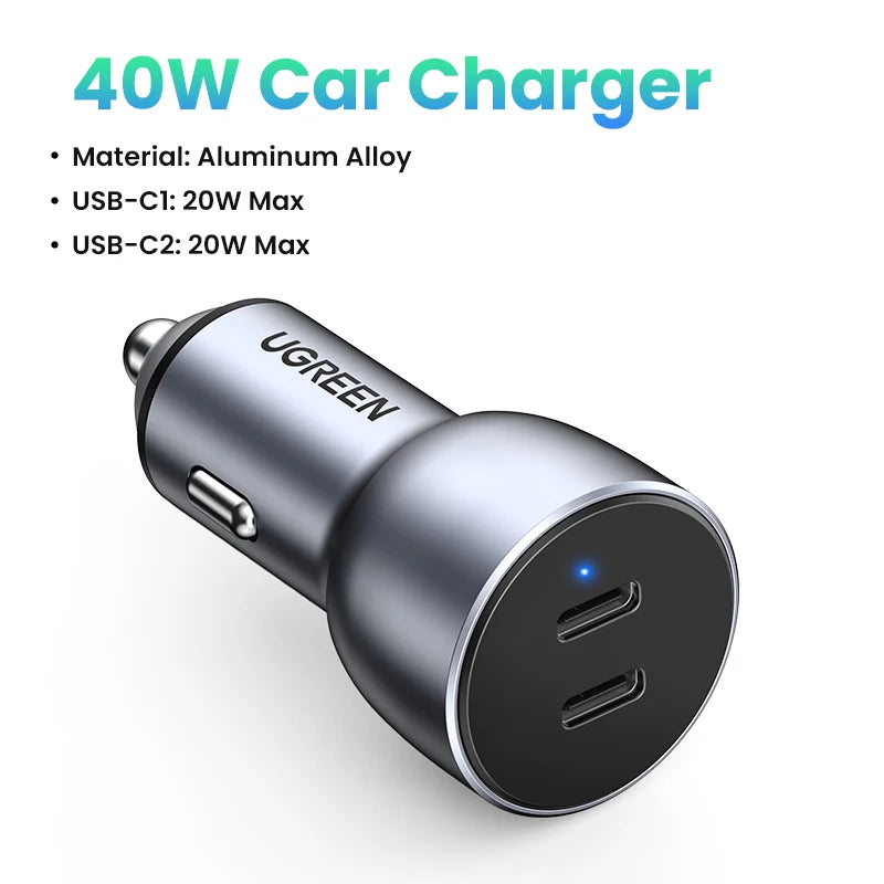 36W Dual Port USB-C PD Fast Car Charger