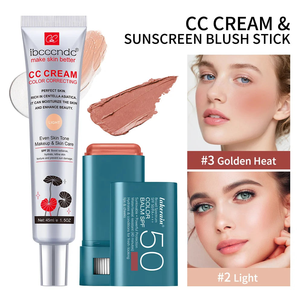 Color Correcting CC Cream and Sunscreen Blush Stick Duo Set