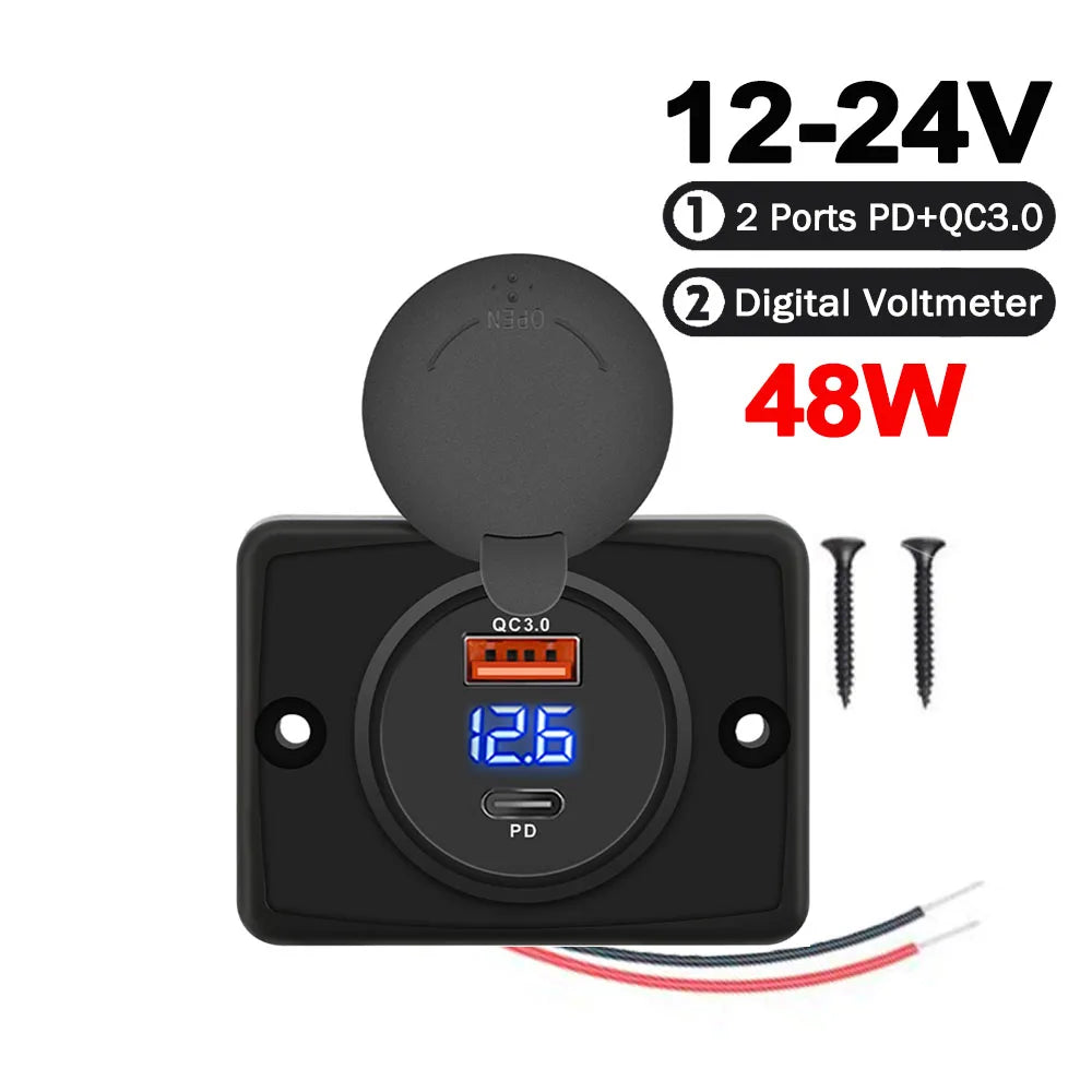 12V 24V Dual USB PD and QC3.0 Fast Charger Socket with LED Voltmeter