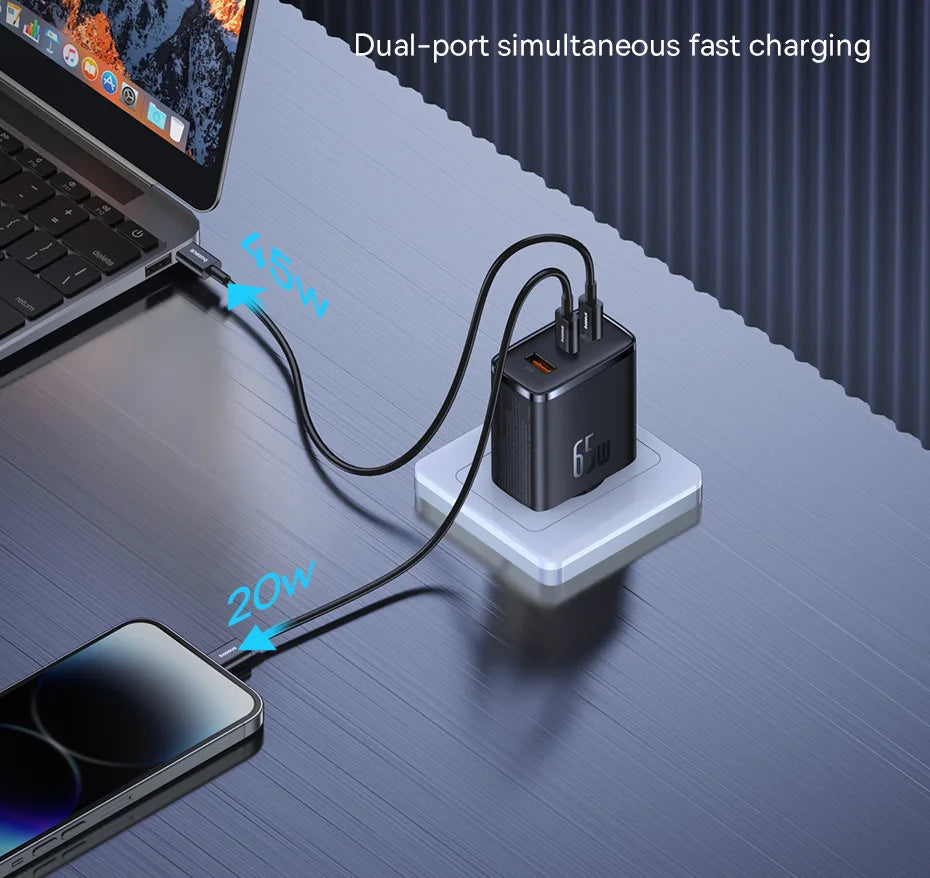 65W GaN Fast USB-C Wall Charger for Laptops and Smartphones