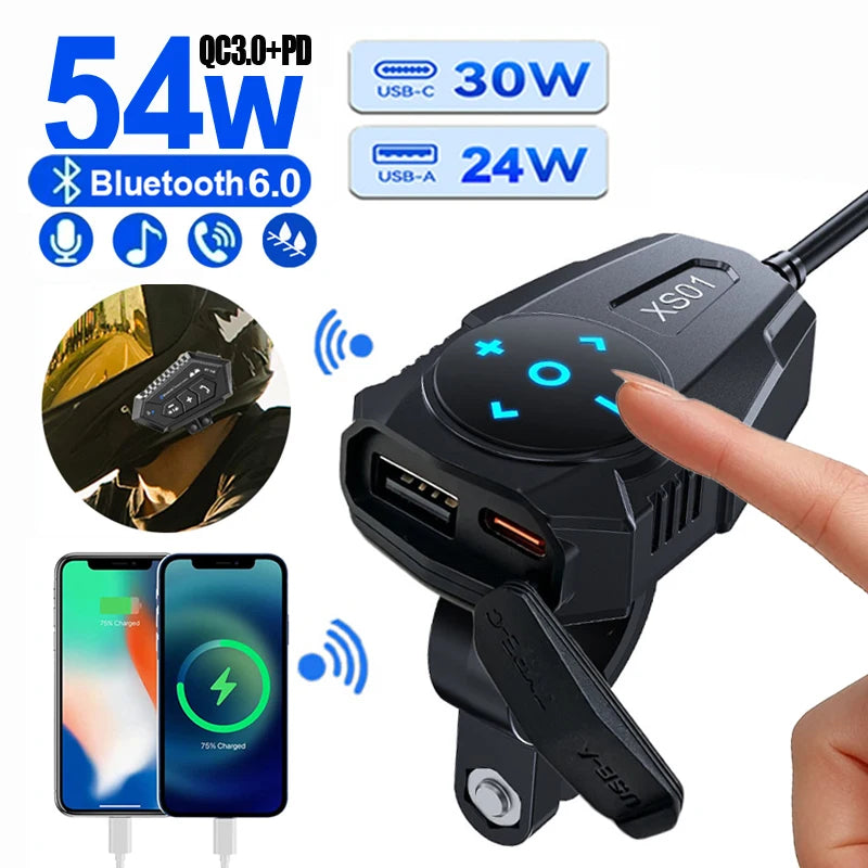 54W Motorcycle Dual Port USB Charger with Bluetooth Remote