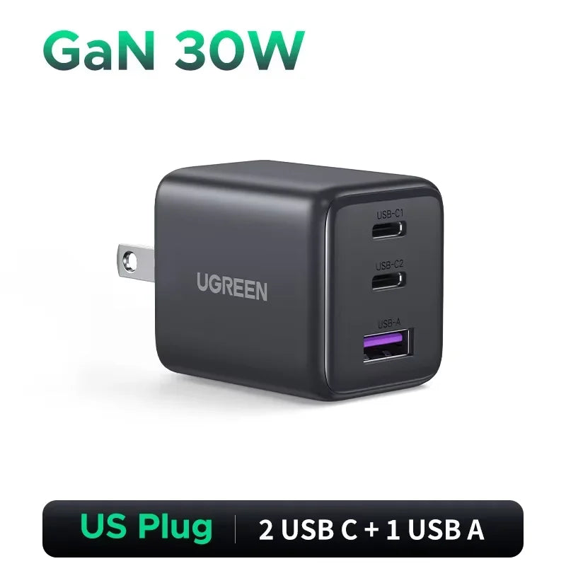 30W GaN Fast Wall Charger with 3 Ports for Smartphones and Tablets