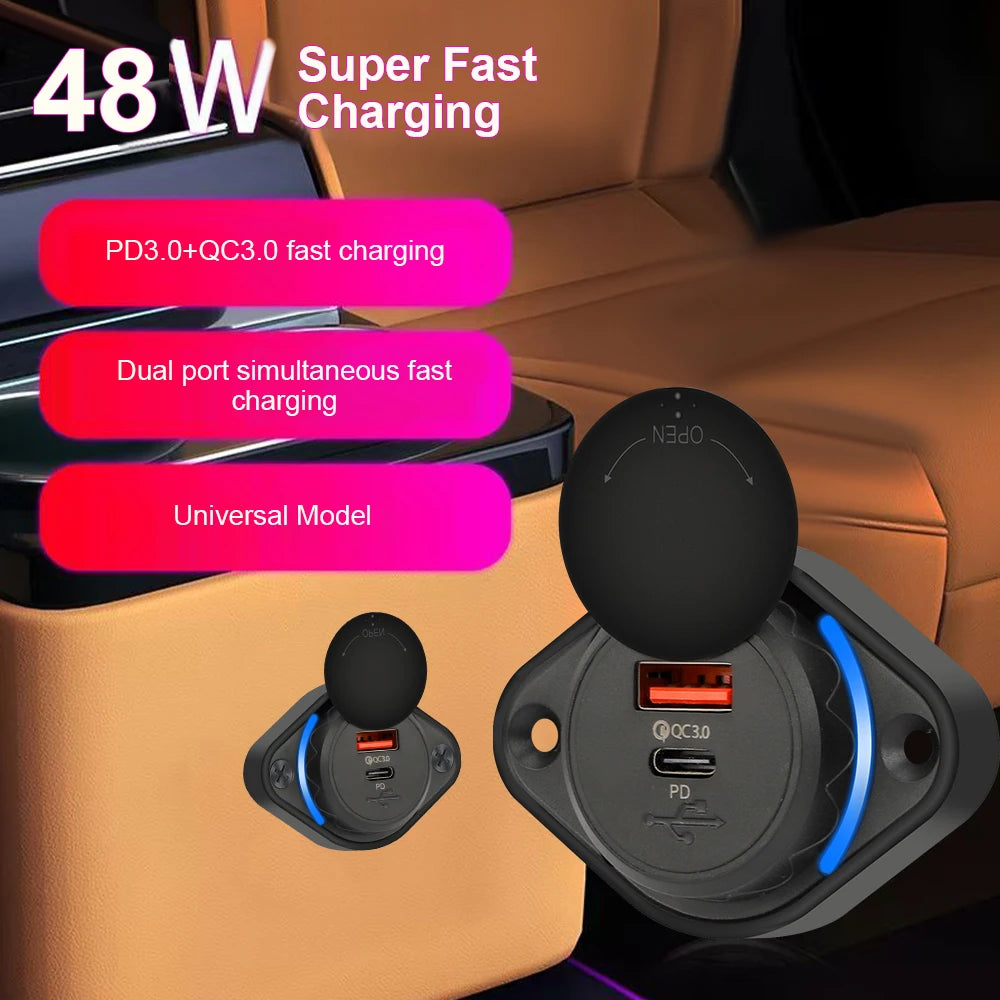 Dual Port USB PD and QC3.0 Power Socket for 12V 24V Vehicles
