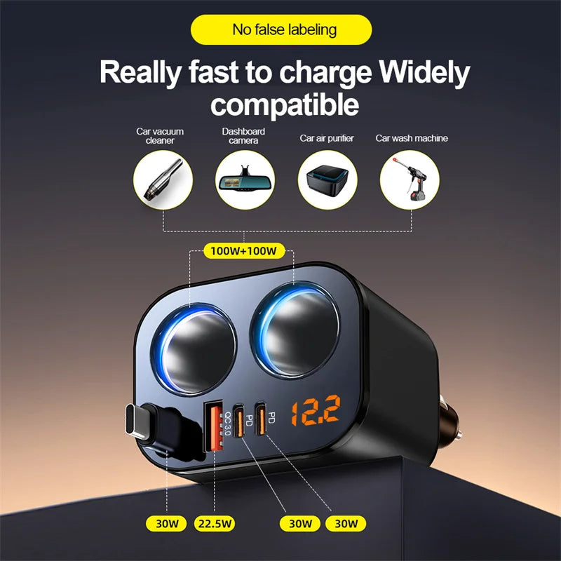 6-in-1 Retractable Fast Car Charger Adapter with Dual Lighter Ports