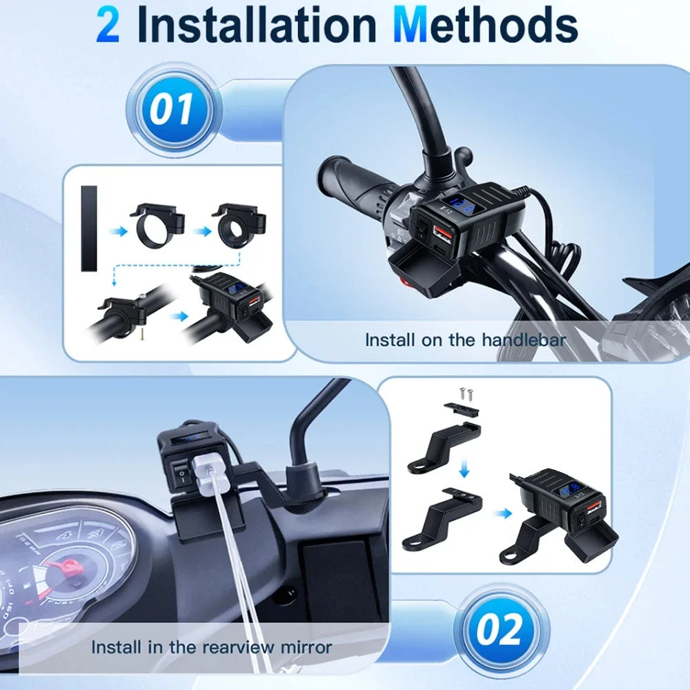 Motorcycle Handlebar USB Type C Charger with Voltmeter and Power Switch