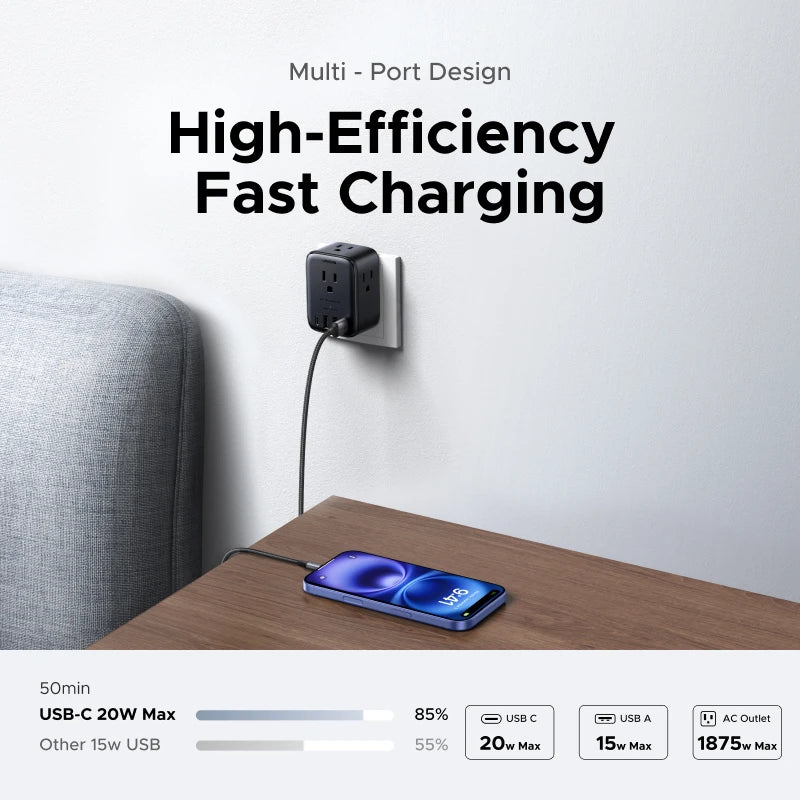 20W Outlet Extender with 4 AC Outlets and 4 USB Charging Ports