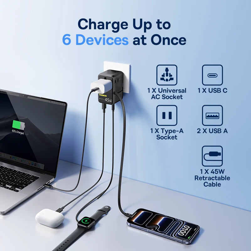 6-in-1 Universal Travel Adapter with 45W Fast Charging and Cable - 6