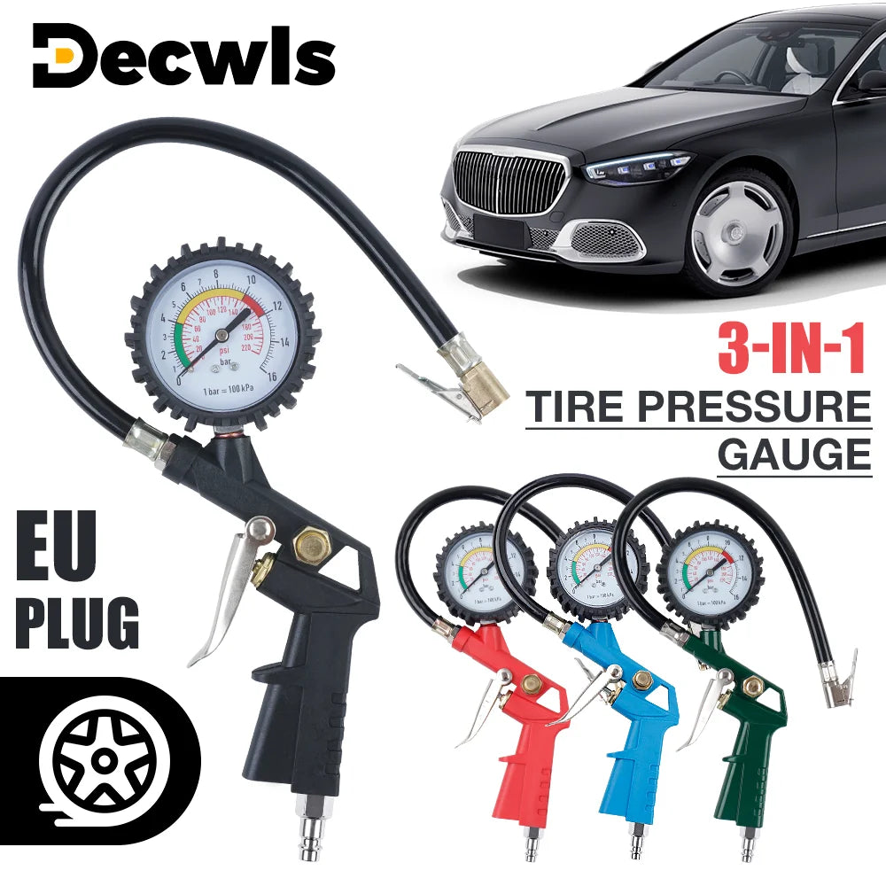 3-in-1 Tire Pressure Gauge and Inflator with EU Connector - 1