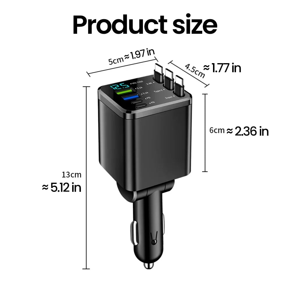 7-in-1 Fast Car Charger with Retractable Cables and Digital Voltmeter