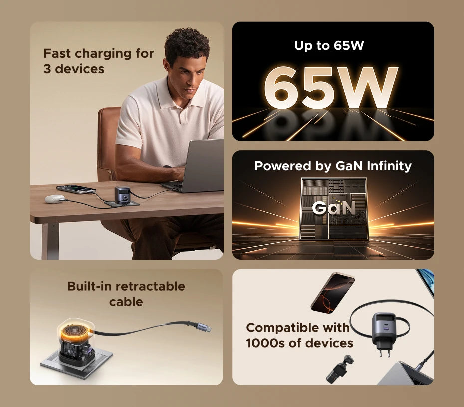 65W GaN Fast Wall Charger with Built-in Retractable USB-C Cable - 9