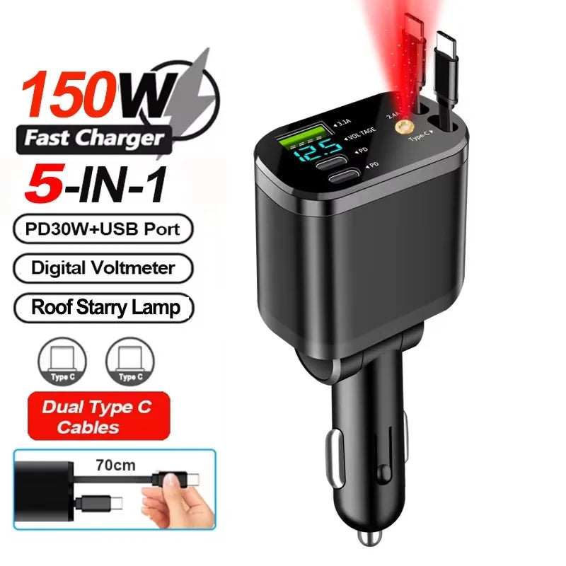 148W 7 in 1 Retractable Car Charger with Voltage Display and Starry Lamp