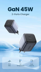 45W Dual USB-C GaN Fast Wall Charger for Smartphones and Tablets