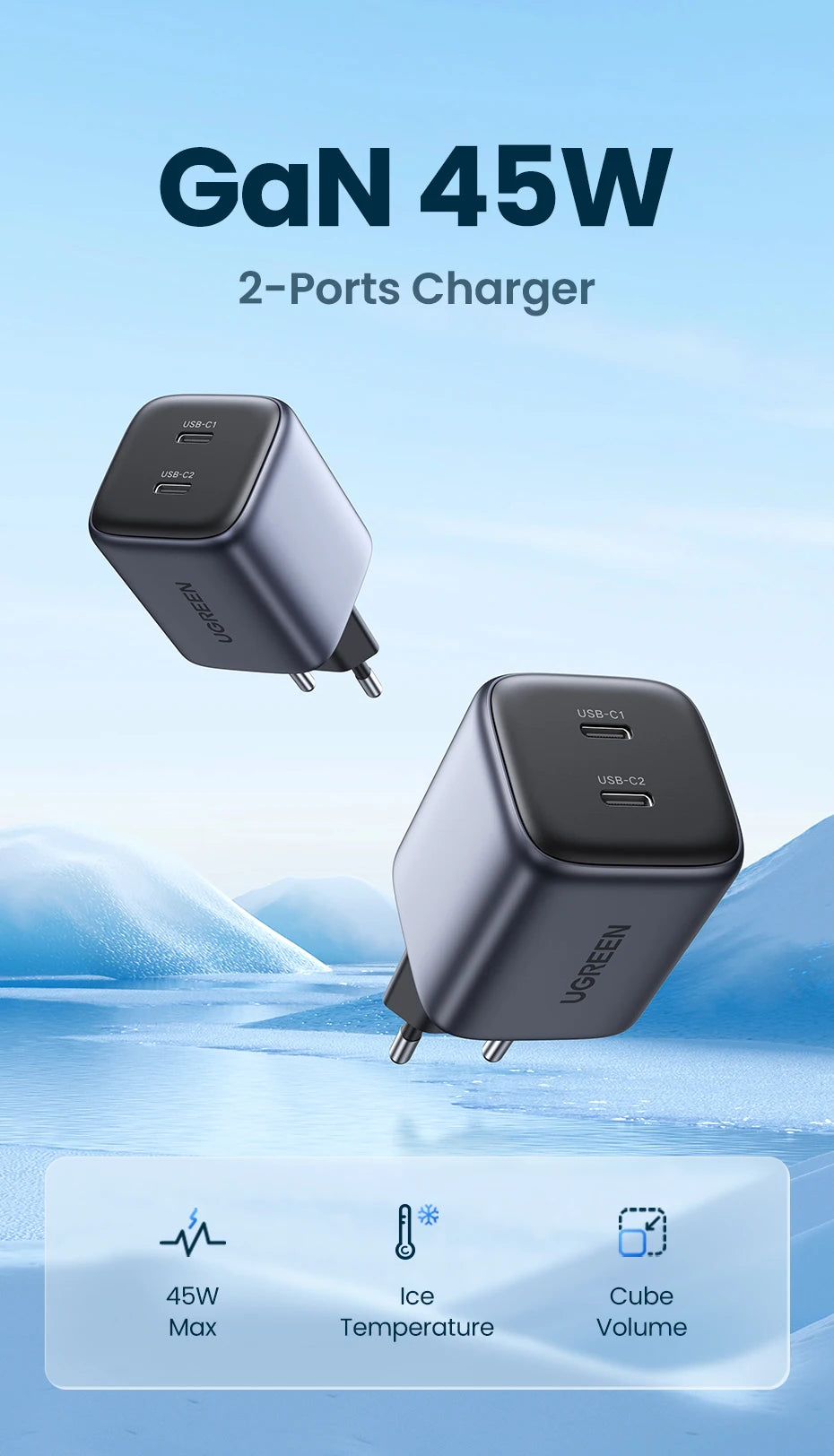 45W Dual USB-C GaN Fast Wall Charger for Smartphones and Tablets