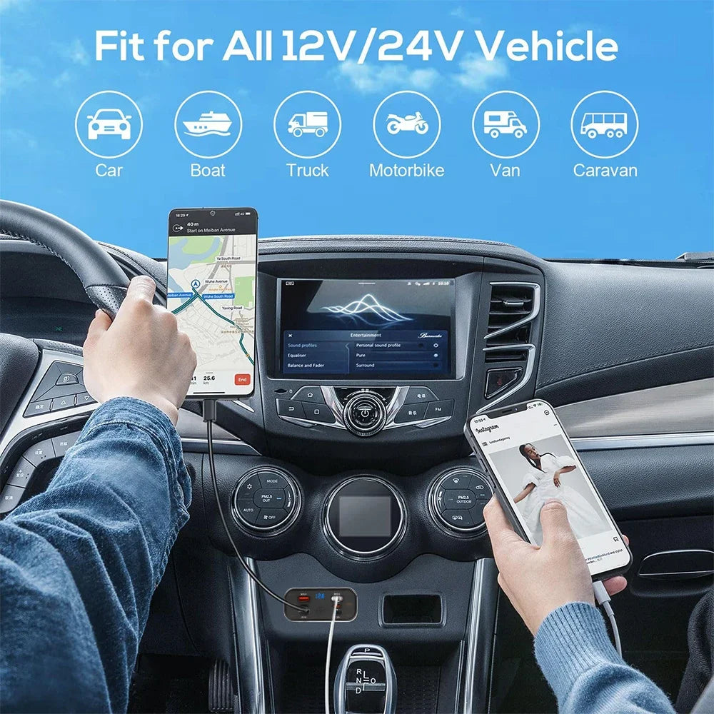 112W Multi-Port USB Fast Car Charger with Voltage Display