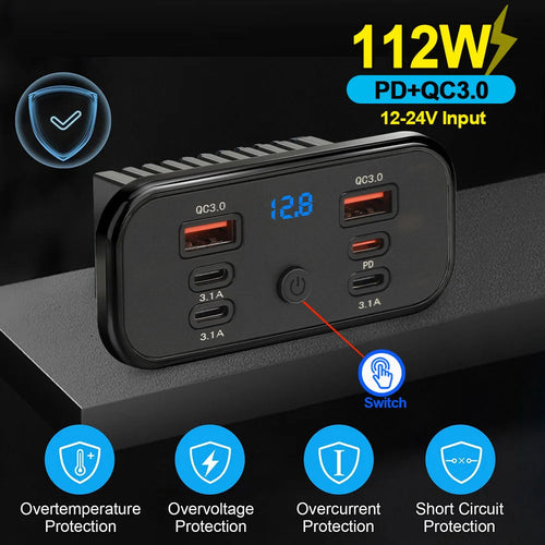 112W Multi-Port USB Fast Car Charger with Voltage Display