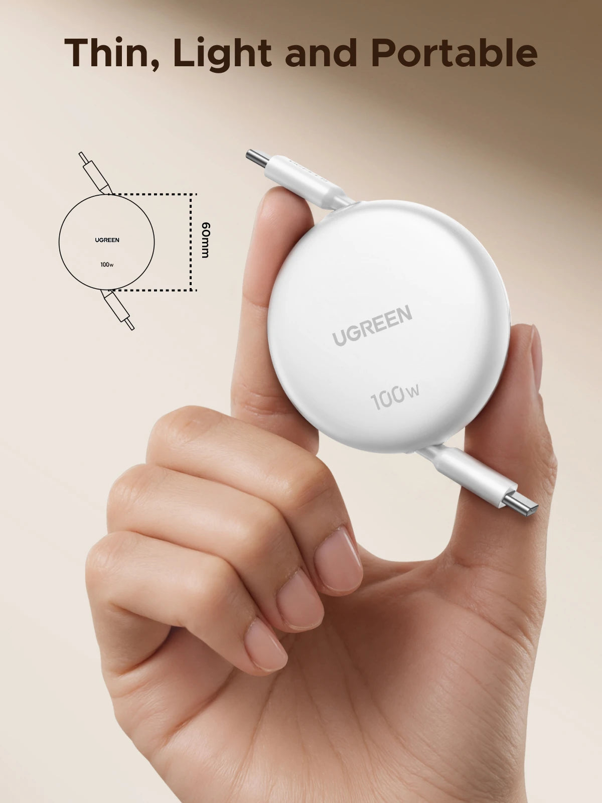 100W PD Fast Charging Retractable USB-C to USB-C Cable - 3