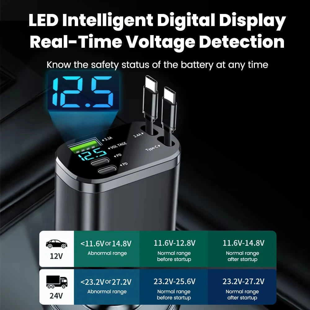 148W 7 in 1 Retractable Car Charger with Voltage Display and Starry Lamp
