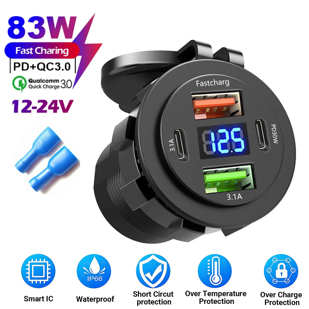 83W 4 Port USB and USB-C Fast Car Charger Socket for 12V 24V Vehicles