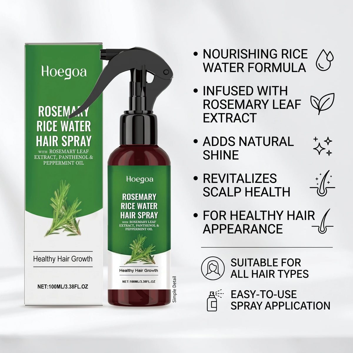Rosemary Rice Water Hair Growth Spray for Damaged Frizzy Hair