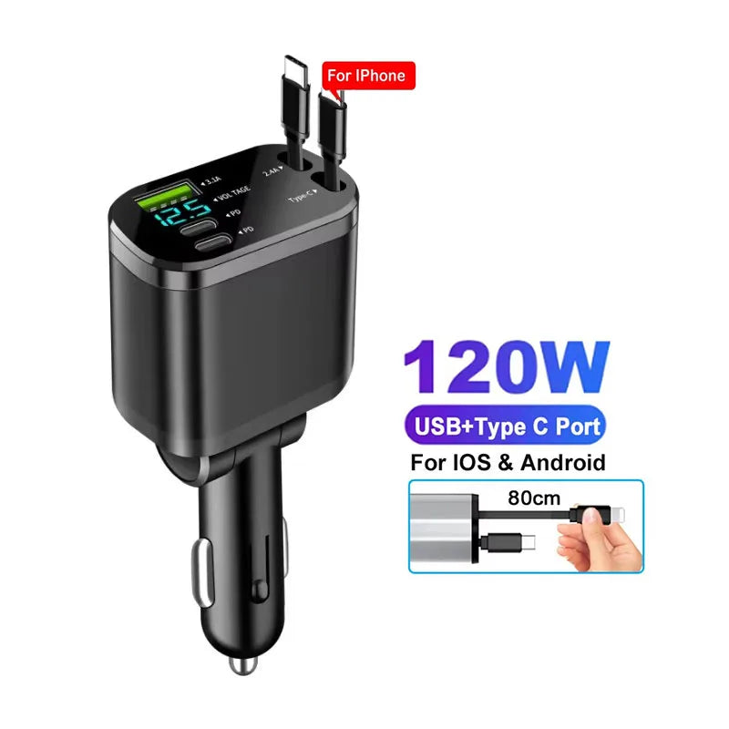 120W 4-in-1 Retractable Fast Car Charger with Voltage Display