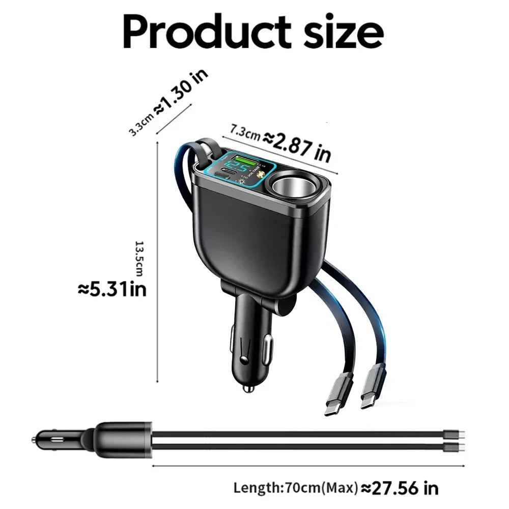 120W 5 in 1 Retractable Car Charger with Voltmeter and Starry Light