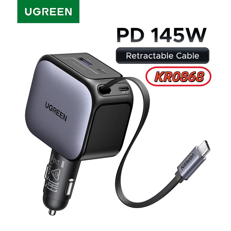 145W Fast Car Charger with Retractable USB-C Cable