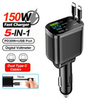 148W 7 in 1 Retractable Car Charger with Voltage Display and Starry Lamp