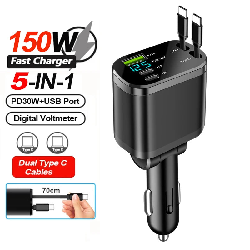 148W 7 in 1 Retractable Car Charger with Voltage Display and Starry Lamp