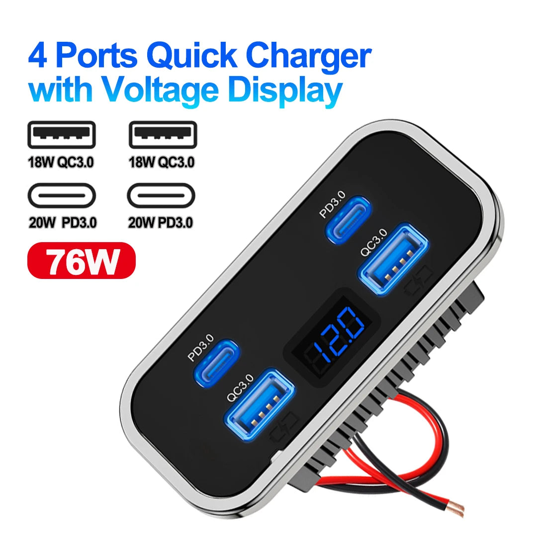 4 Port USB Car Charger with QC3.0 and PD3.0 Fast Charging Socket