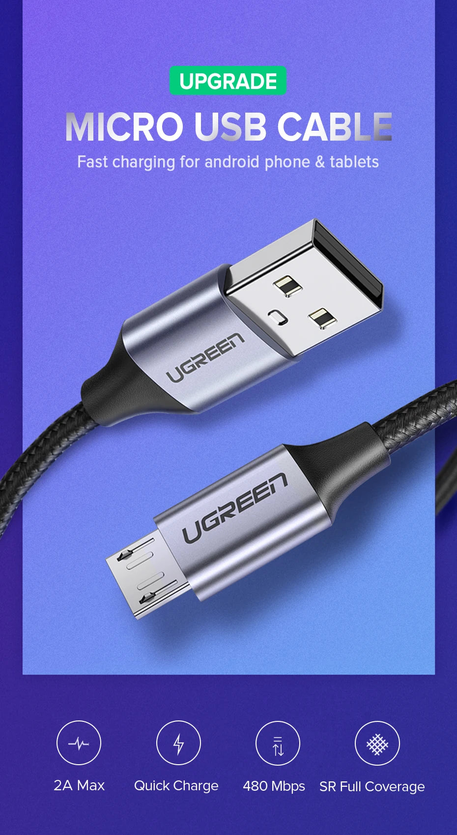 Fast Charging Braided Micro USB Data Cable 1.5m
