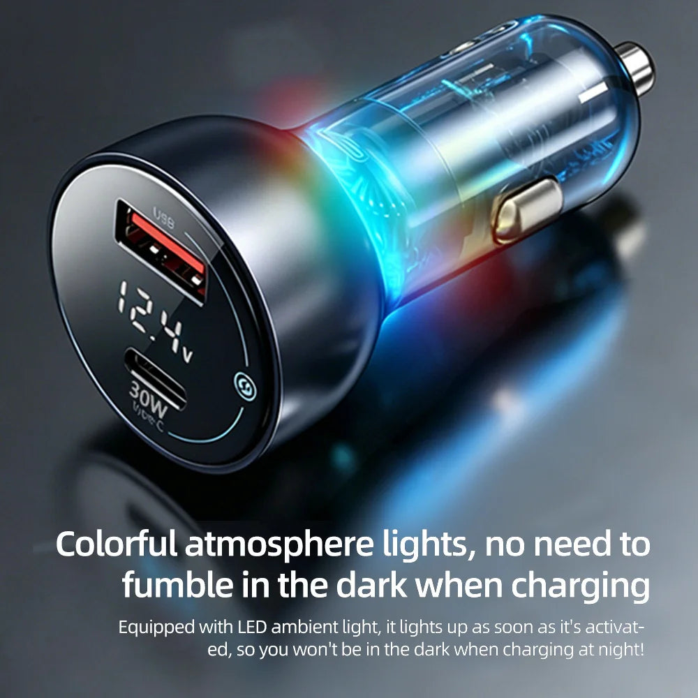 60W Dual Port USB Car Charger with PD QC3.0 Voltmeter and Ambient Light