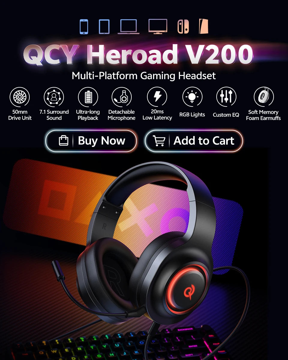 Wireless Gaming Headset with 7.1 Surround Sound and Bluetooth 6.0