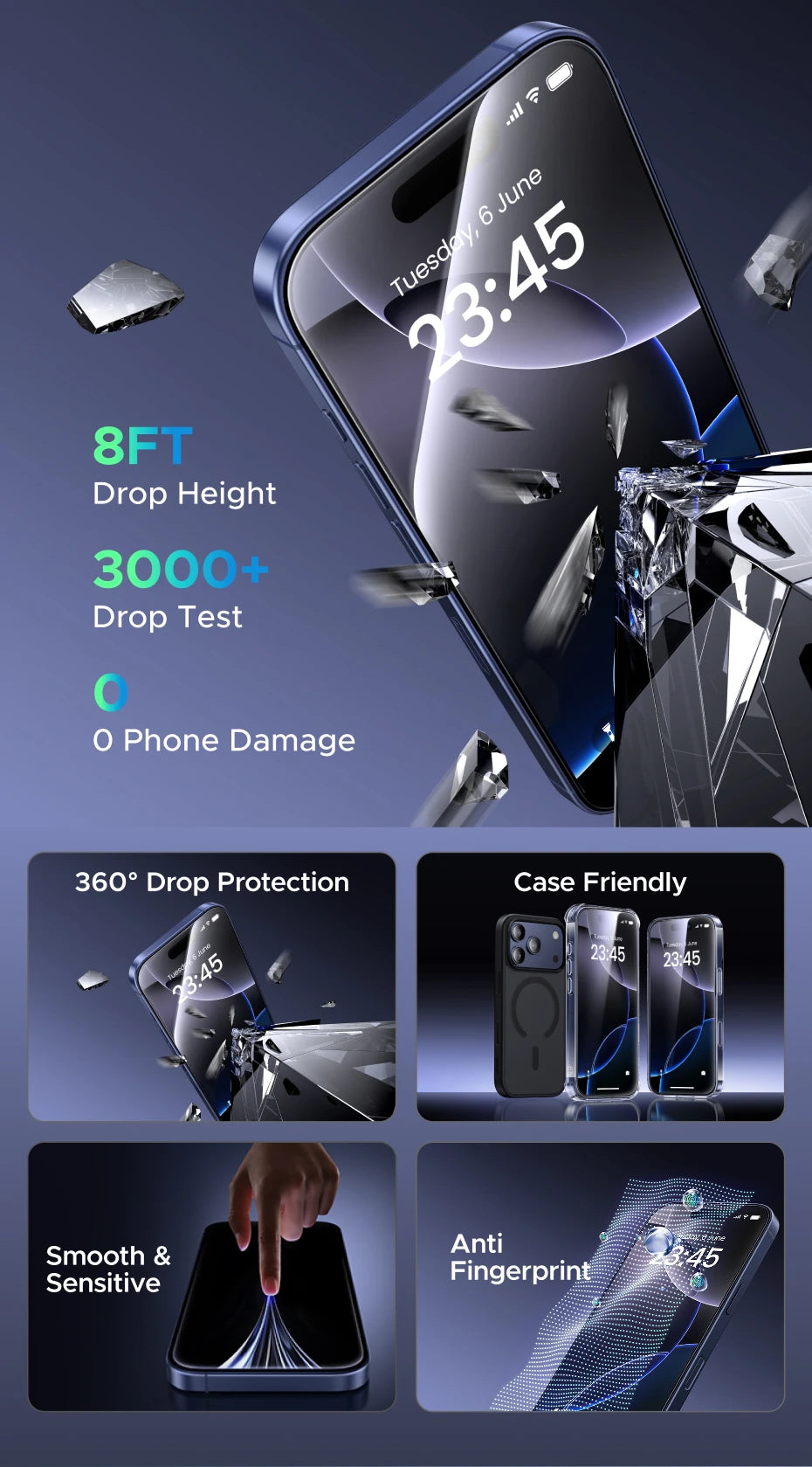 Full Coverage Tempered Glass Screen and Lens Protector for iPhone 17