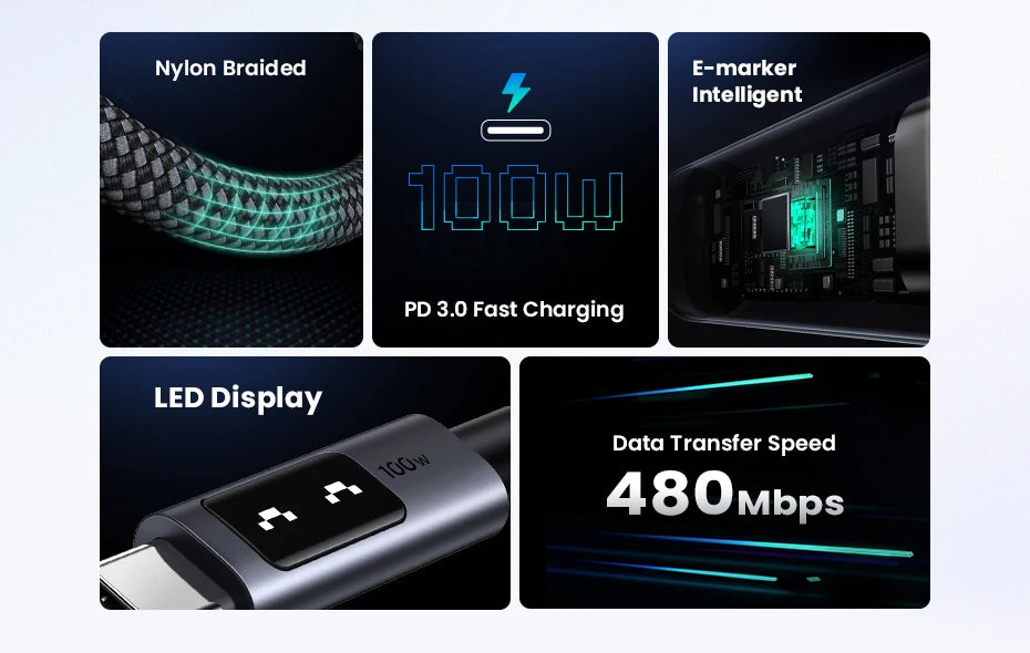 100W USB-C Fast Charging Cable with LED Emoji Display