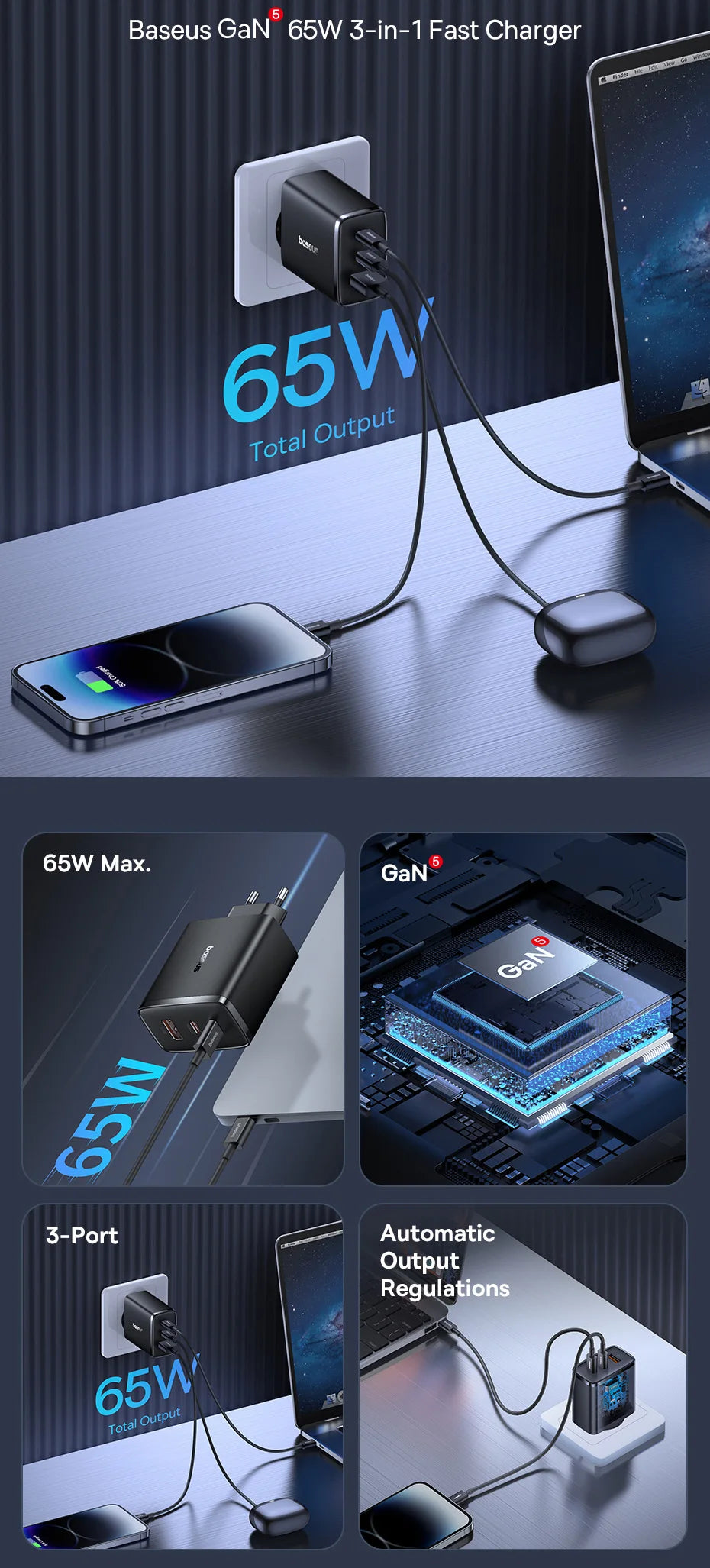 65W GaN Fast USB-C Wall Charger for Laptops and Smartphones - 6