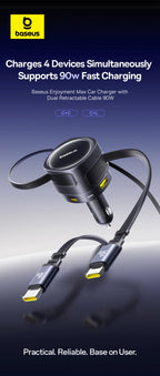 90W Fast Car Charger with Dual Retractable Cables
