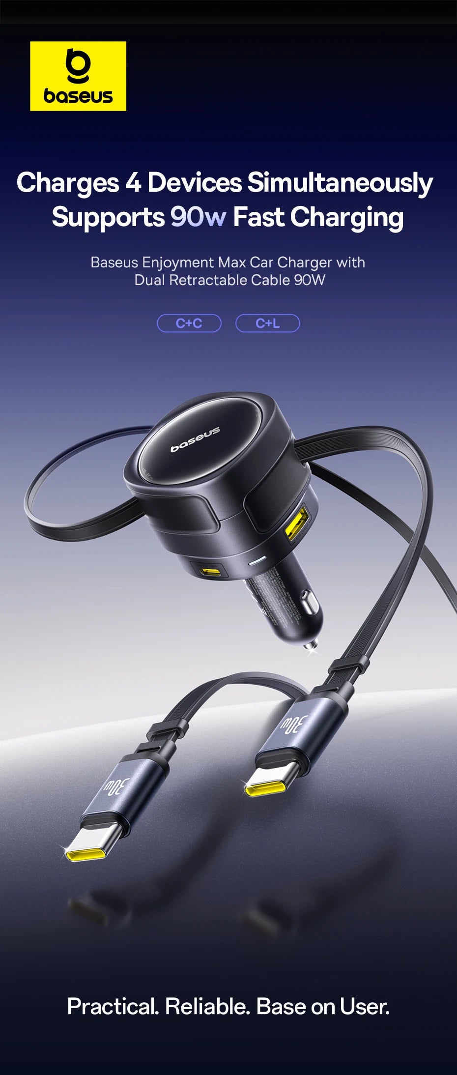 90W Fast Car Charger with Dual Retractable Cables