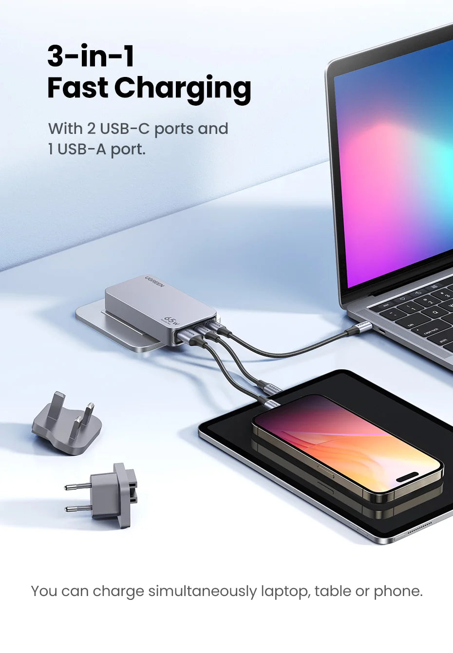65W GaN Fast Wall Charger for Laptops and Smartphones