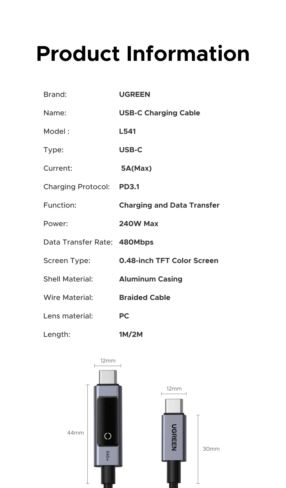 240W USB-C Fast Charging Cable with Real-Time Digital Display