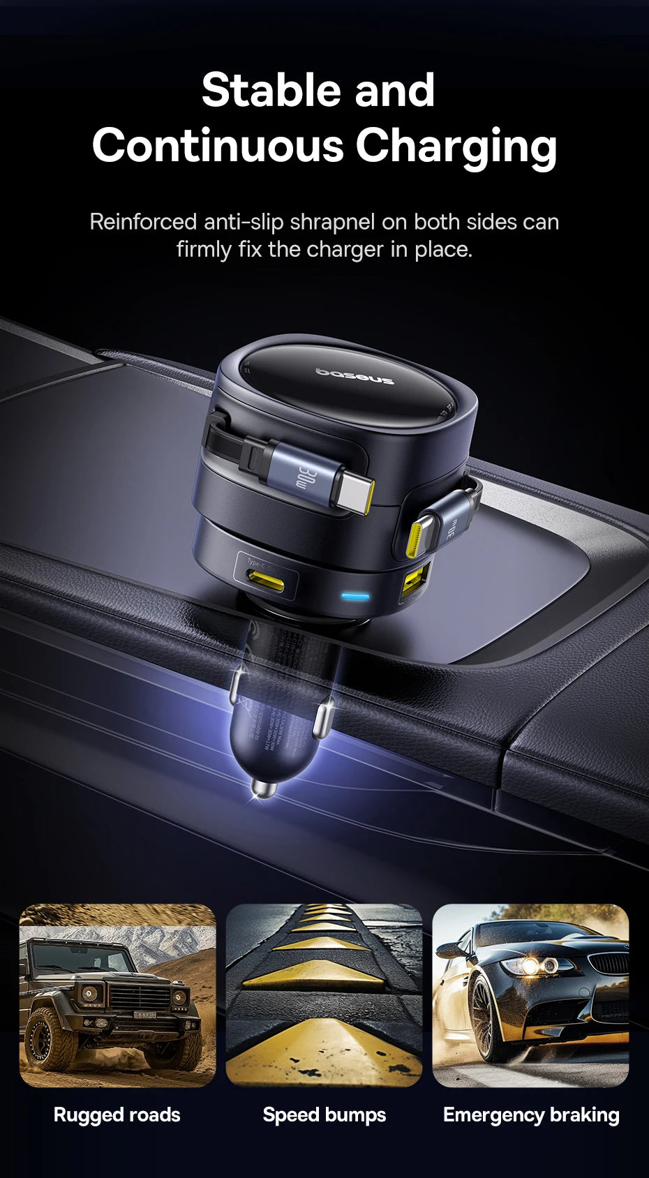 90W Fast Car Charger with Dual Retractable Cables