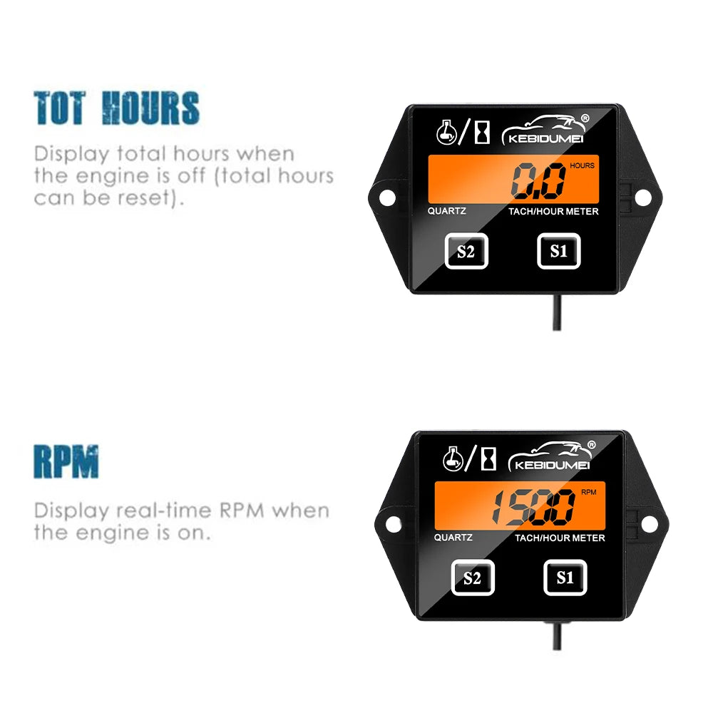 Digital Engine Tachometer and Hour Meter Gauge for Spark Ignition Engines