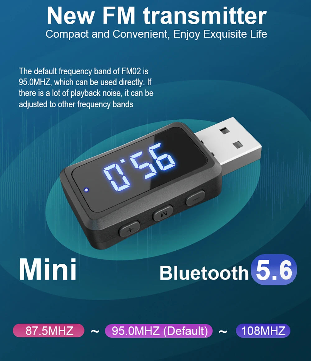 USB Bluetooth 5.6 FM Transmitter Receiver with LED Display for Car Radio