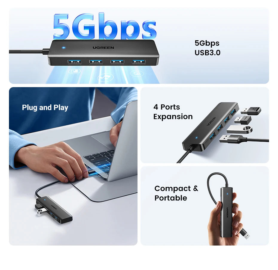 4-Port USB 3.0 Data Hub Splitter for Laptops and Desktop PCs