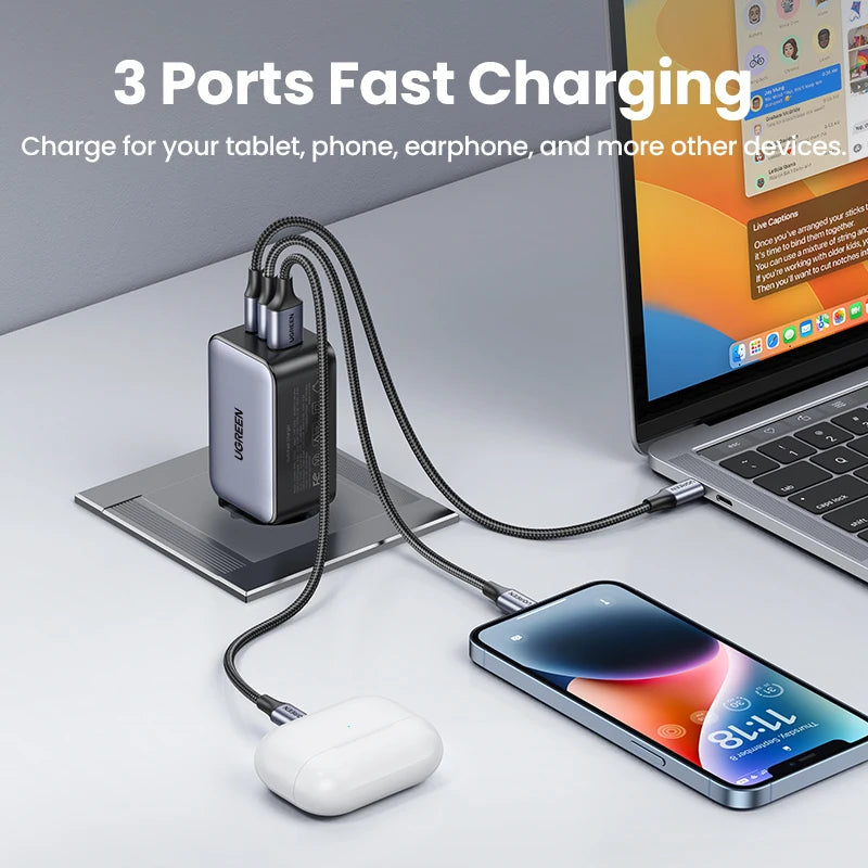 65W GaN Fast Wall Charger with 3 Ports for Laptops and Phones - 3