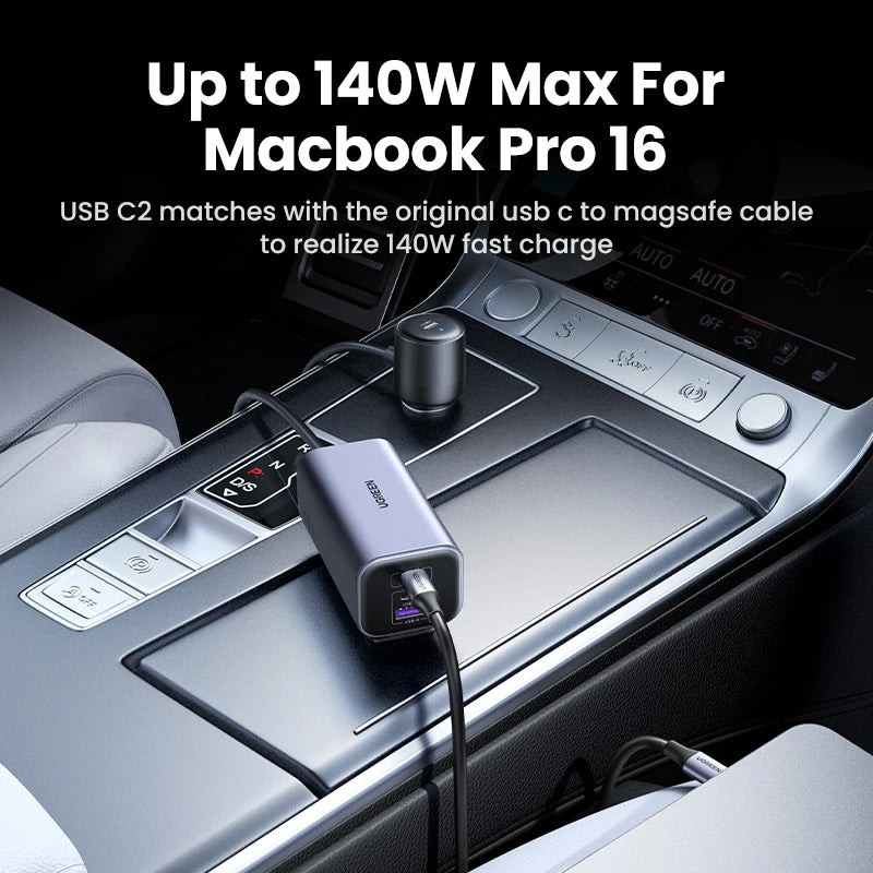 150W Fast Car Charger with 4-Port USB Extension for Laptops and Phones