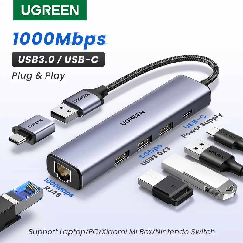 USB 3.0 to Gigabit Ethernet Adapter with 3-Port USB Hub - 1