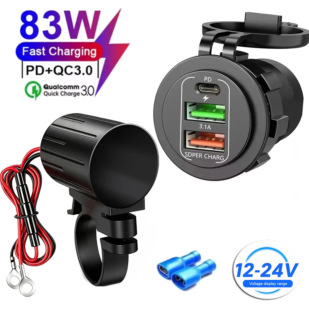83W Motorcycle Handlebar USB Fast Charger with Voltmeter