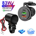 83W Motorcycle Handlebar USB Fast Charger with Voltmeter
