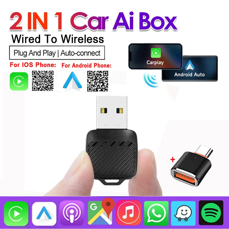 2-in-1 Wired to Wireless CarPlay and Android Auto Adapter Dongle