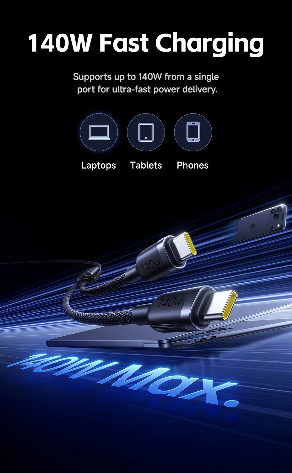 140W 2-in-1 USB-C Fast Charging Data Cable for Laptops and Tablets - 9
